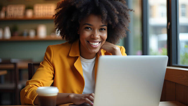 Smiling young Black woman with curly hair using a laptop and drinking coffee at a cafe table, looking at the camera.