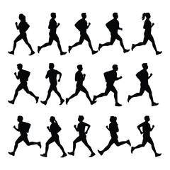 runner silhouette vector set, running man woman sequence, motion, athletic vector illustration, dynamic jog, fitness movement animation, isolated runners on white, exercise illustration, human activit