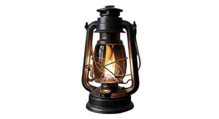 Vintage-style black lantern with glowing interior for camping, adventure, or Ramadan night ambiance, transparent background