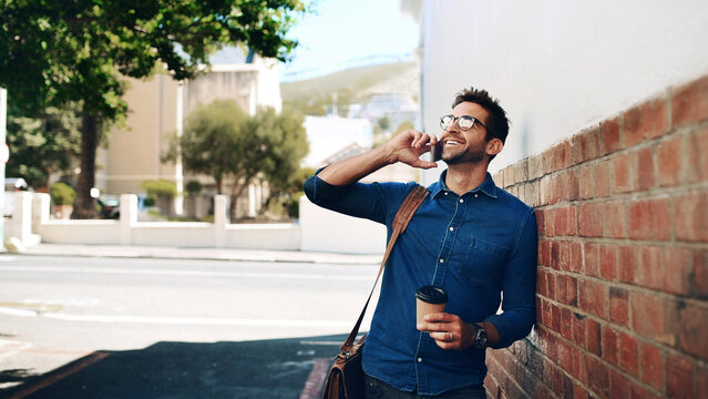 Coffee, commute and phone call with business man on city street for conversation or thinking. Communication, drink and idea with happy employee outdoor on sidewalk for discussion, travel or update