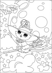 Witch Cat In Broom Night Halloween Coloring Page