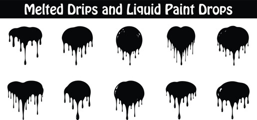 Set of melted drips and liquid paint drops vector illustrations isolated on transparent background