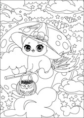 Fototapeta premium Witch Cat Flying In Broom Night Scream Halloween Coloring Page