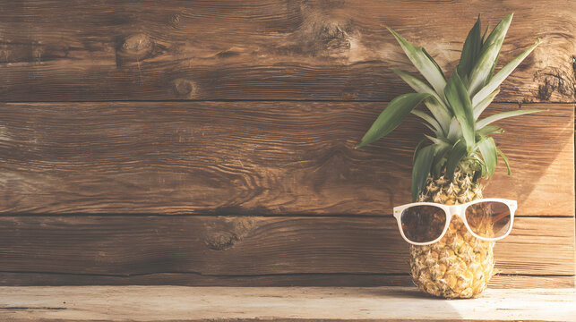 Pineapple in sunglasses on wooden surface, embodying laid-back summer vibes with minimalist charm.