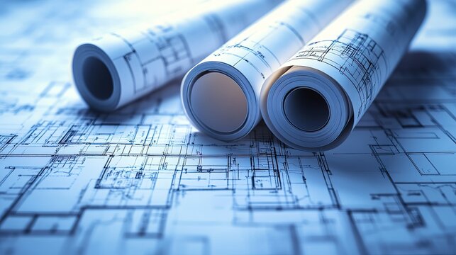High-resolution architectural blueprints and drawings on white paper rolls, symbolizing home construction planning stage, professional commercial architecture photography