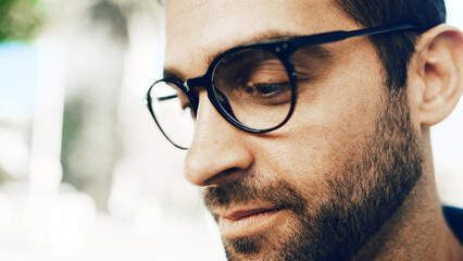 Online, glasses and reading with man in city for eye care, research and vision health. Prescription...