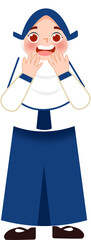 Delighted Character with Hands on Face, Blue and White Attire