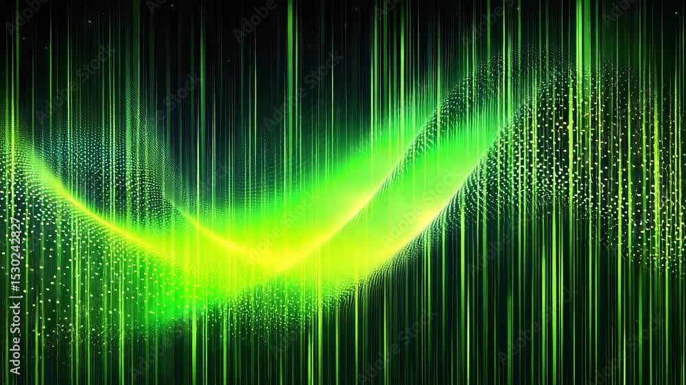 Poster dynamic green light waves dance on a black background with elegant particle effects