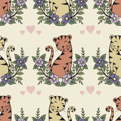 Seamless pattern with cute cats and flowers. Vector illustration.