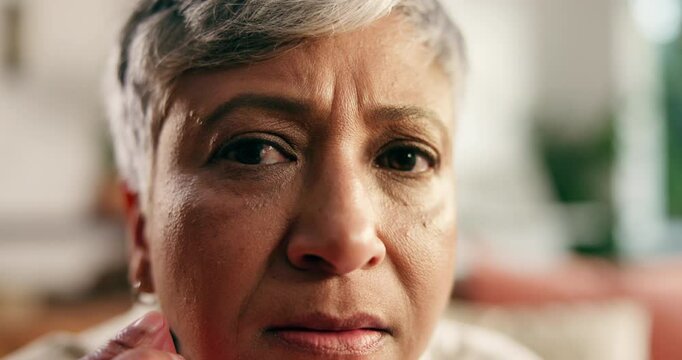Mature woman, face and check wrinkles in home for skin tags, skincare routine and concern. POV, worry and person with acrochordons inspection for aging, blemishes and loss of elasticity in apartment