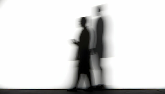 People Walking Blurred Silhouettes Against White Background