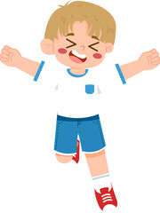 Excited Boy Jumping with Joy, Cartoon Illustration of Happy Kid with Rosy Cheeks and Upraised Arms.