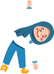 Joyful Girl in Hijab Reaching Upward, Cartoon Style.