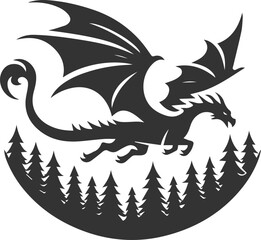 Vector drawing silhouette of a flying dragon illustration
