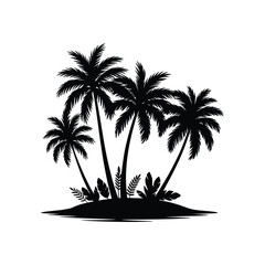 Silhouette of a Tropical Island with Palm Trees and Foliage