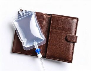 AI generated realistic empty men's wallet with medical iv bag attached symbolizing financial struggle and economic health concept white background poverty money crisis metaphor