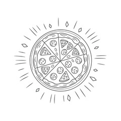 Hand Drawn Pizza with Pepperoni and Other Toppings Illustration