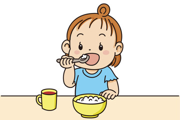スプーンを下手持ちでご飯を食べるかわいい幼児のイラスト素材

