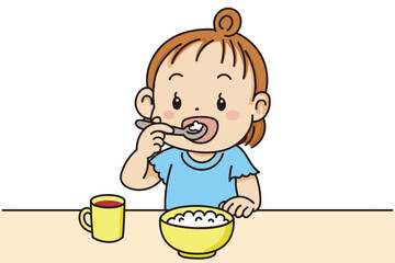 スプーンを鉛筆持ちでご飯を食べる子供のかわいいイラスト素材

