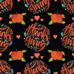 Happy thanksgiving. Seamless pattern with hand-lettering and hearts.
