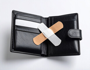 AI generated realistic empty men's wallet with bandage symbolizing financial injury and economic recovery concept white background money struggle healing metaphor
