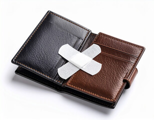 AI generated realistic empty men's wallet with bandage symbolizing financial injury and economic recovery concept white background money struggle healing metaphor
