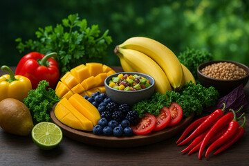 Assorted tropical fruits and vegetables including mango, banana, chili, and herbs on wooden surface. 