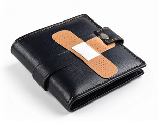 AI generated realistic empty men's wallet with bandage symbolizing financial injury and economic recovery concept white background money struggle healing metaphor
