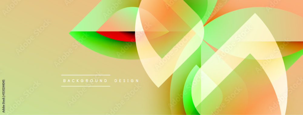 Poster Abstract geometric shapes overlap, creating vibrant color gradients. Soft yellow background complements green, orange hues. Modern design element.