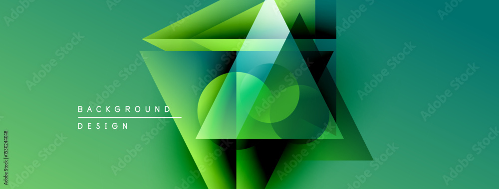 Poster Abstract geometric shapes overlap, creating vibrant green gradient background. Modern design elements suggest innovation, technology.
