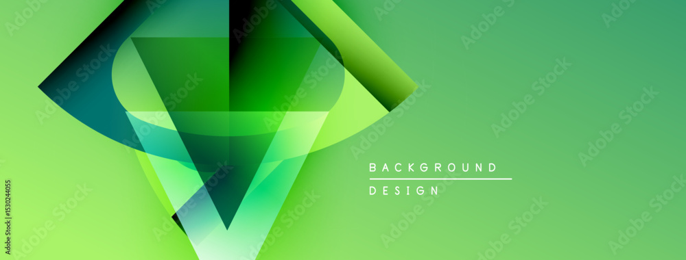 Poster Abstract green design features geometric shapes, gradients, light effects. Modern background suitable for various digital projects.