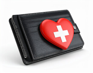 AI generated realistic empty men's wallet with emergency AED defibrillator pads symbolizing financial crisis and urgent economic recovery white background money rescue metaphor