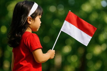 Side view of young girl with Indonesian flag in hand showing patriotism and national spirit.