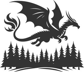 Vector drawing silhouette of a flying dragon illustration