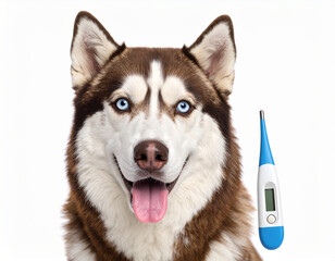 AI generated happy siberian husky dog with high fever thermometer showing elevated temperature symbolizing pet health monitoring and veterinary care concept white background animal wellness check