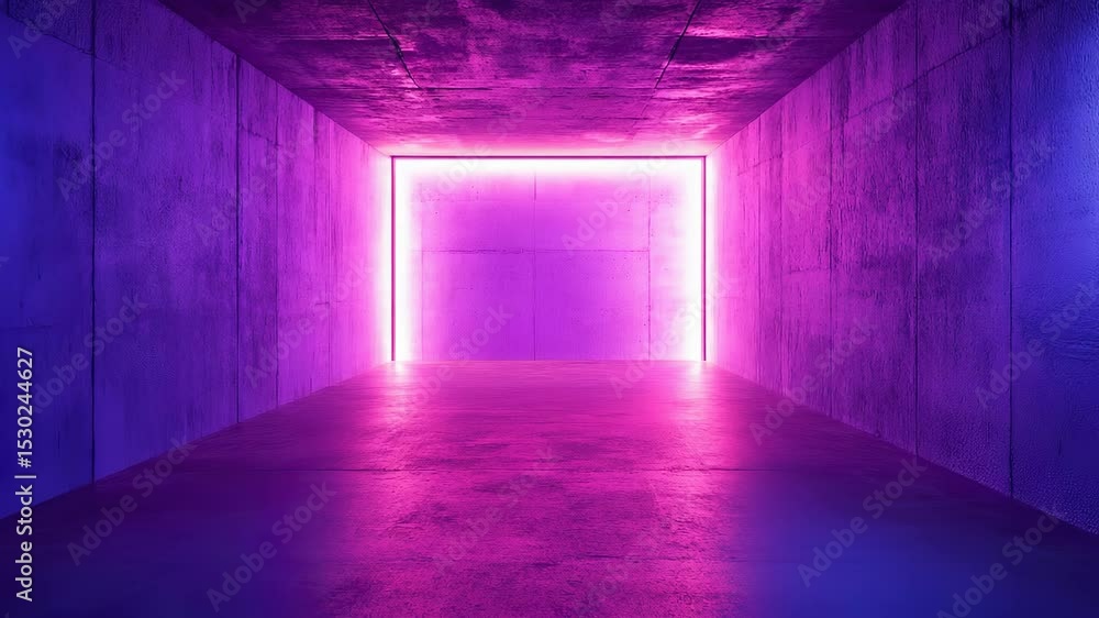 Poster abstract concrete tunnel illuminated by neon light, creating a modern, futuristic space