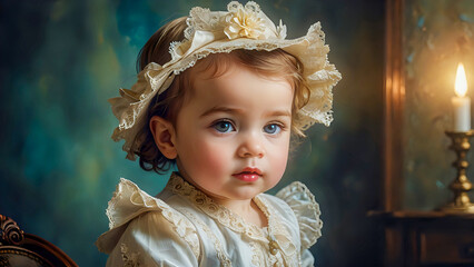 Portrait of a little girl, Victorian era fashion, aristocrat, looking at the camera with elegant gaze, abstract gothic wall background