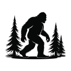 Fototapeta premium Bigfoot Silhouette Walking in the Woods Between Pine Trees