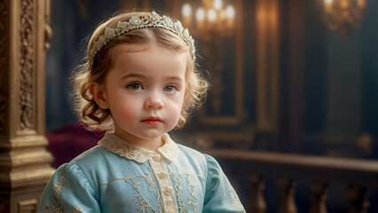 Portrait of a little girl, Victorian era fashion, aristocrat, looking at the camera with elegant gaze, blurred luxurious hallway background