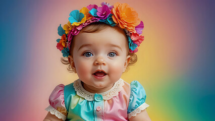 Portrait of smiling baby, colorful dress, floral crown, innocent look, abstract vibrant gradient background