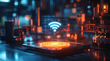 A smartphone projecting a 3D holographic WiFi signal in a tech lab