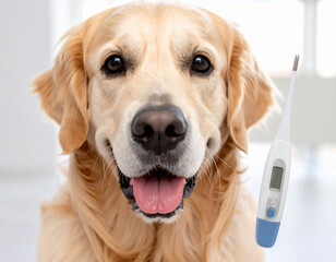 AI generated happy golden retriever dog with high fever thermometer showing elevated temperature symbolizing responsible pet health monitoring and veterinary care concept white animal wellness check
