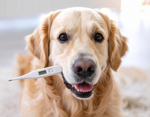 AI generated happy golden retriever dog with high fever thermometer showing elevated temperature symbolizing responsible pet health monitoring and veterinary care concept white animal wellness check