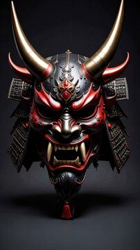 Intricate Oni mask with horns, sharp teeth, ornate details, and rich colors against a dark background