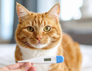 AI generated happy ginger tabby cat with high fever thermometer showing elevated temperature symbolizing responsible feline health monitoring and veterinary care concept white cat wellness check