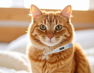 AI generated happy ginger tabby cat with high fever thermometer showing elevated temperature symbolizing responsible feline health monitoring and veterinary care concept white cat wellness check