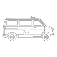 Line art illustration of a van with a crescent moon symbol