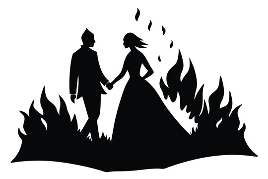 Silhouette bride and groom walking around fire during phera ceremony