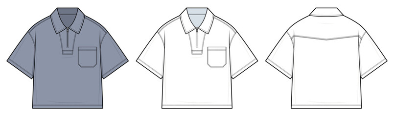 Relaxed-Fit Polo Shirt Technical Fashion Illustration. Polo shirt with Chest Pocket vector template. Front and Back Views. Casual Menswear. CAD Mockup Set.