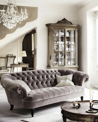 Living room with a large couch and a chandelier